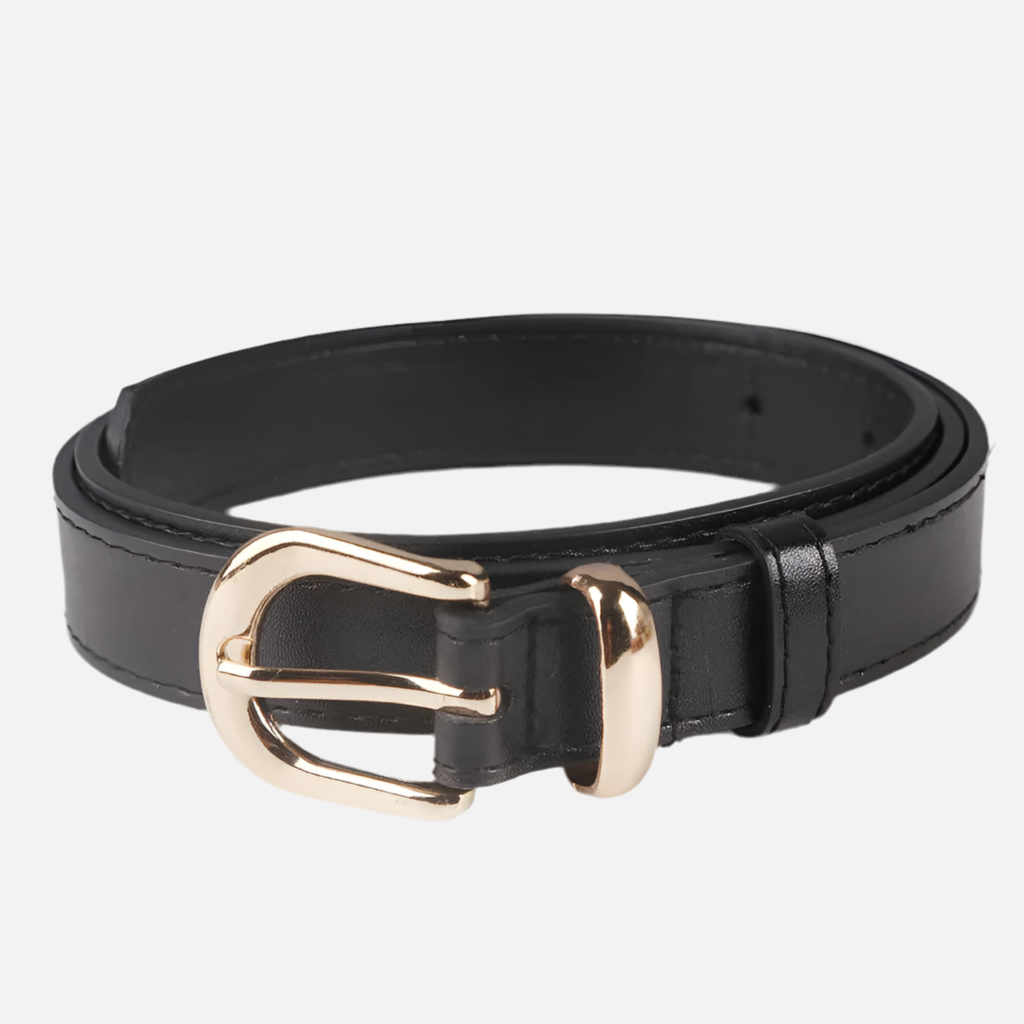 Cinto feminino Essenza em couro sintético com fivela dourada. Atemporal e elegante, ideal para looks casuais e sofisticados.